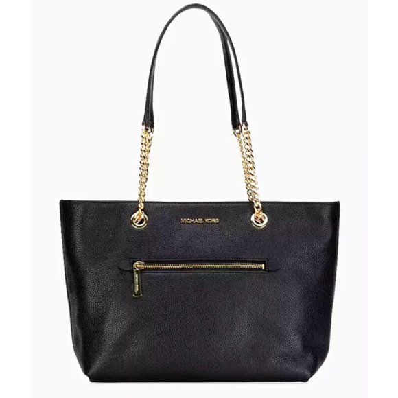 New Michael Kors Jet Set Medium Front Zip Chain Tote Pebble Leather Black - Picture 1 of 3